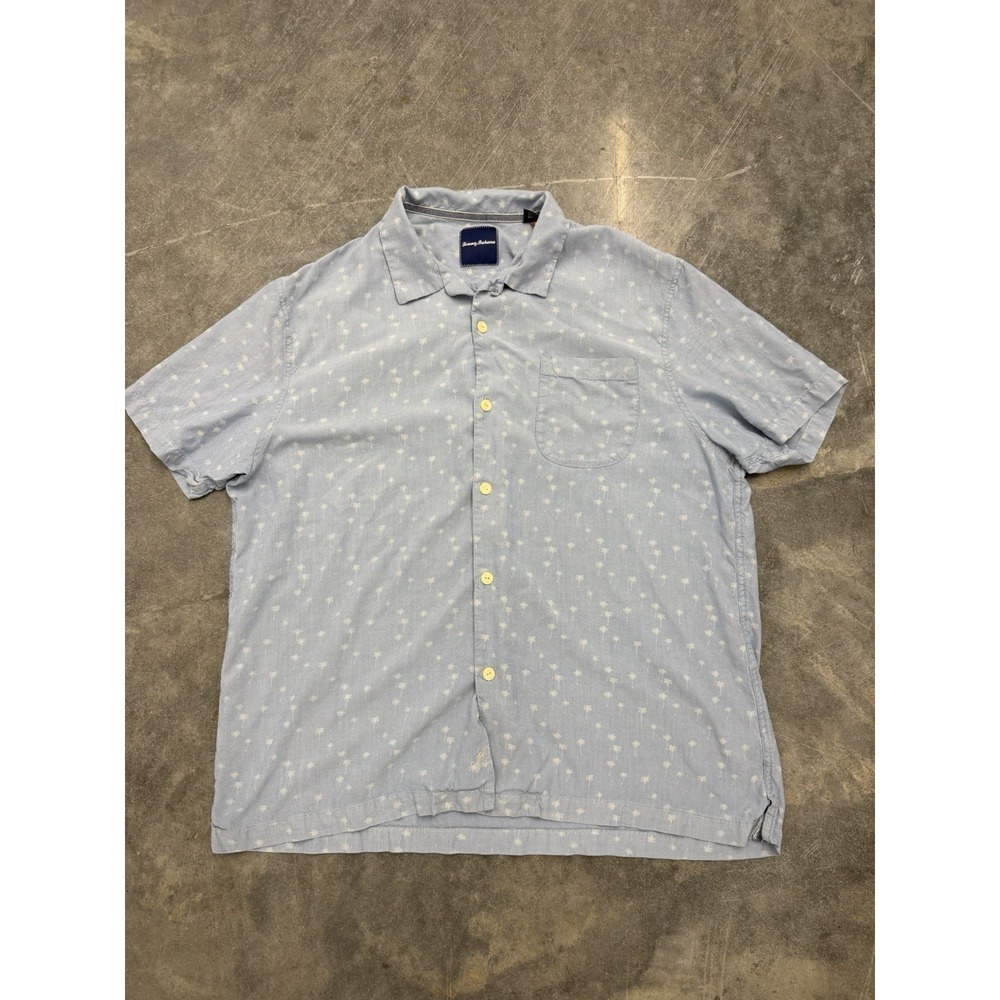 Tommy Bahama Shirt Mens 2XL XXL Blue Button Up Coconut Point 100% Silk Palm Tree